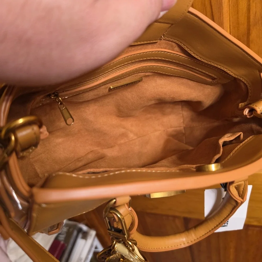 Steve Madden Medium Satchel Handbag Women Tan Faux Leather Gold Hardware New